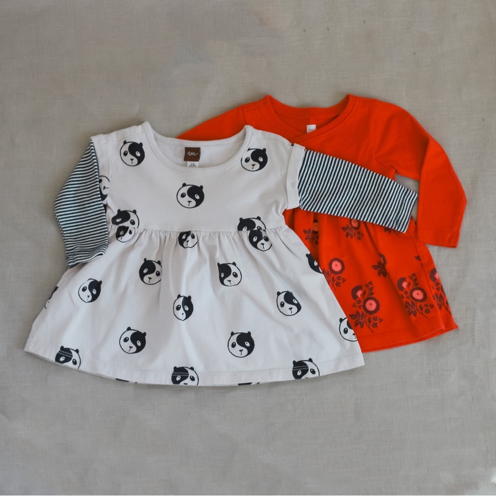 Tea Collection Baby Girl Dress Bundle White Panda/Red Floral 3-6 Months